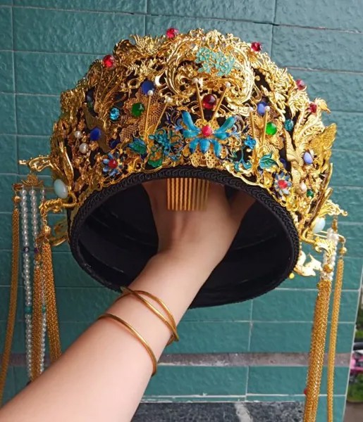 Шляпа королевы китайской династии Цин, Женская сценическая шапка золотого цвета, головной убор