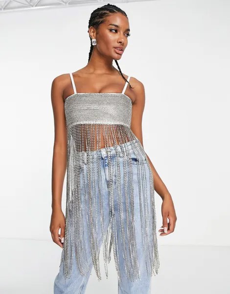 Украшенное платье на бретелях с бахромой и стразами ASOS DESIGN