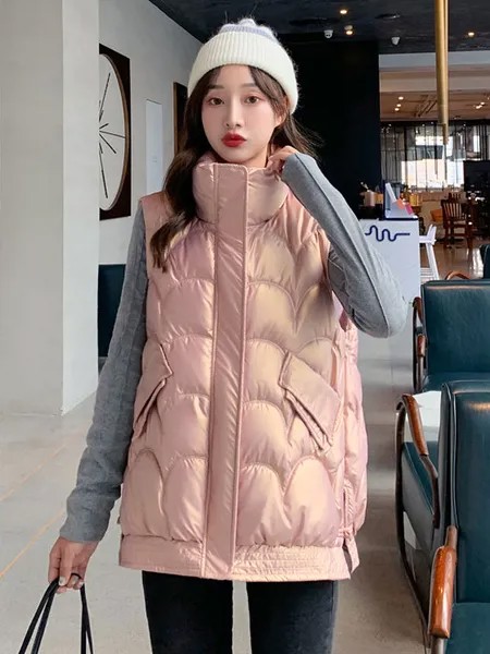 Milanoo Women Puffer Coats Pink Short Zipper Turndown Collar Zipper Sleeveless Casual Normal Winter