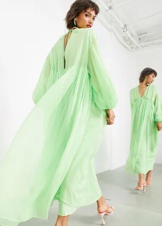 Платье миди цвета зеленого яблока с рукавами на затягивающемся шнурке и V-образным вырезом ASOS EDITION-Зеленый цвет