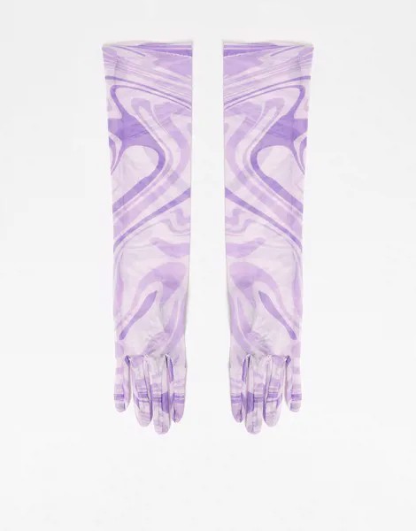 Длинные сетчатые перчатки сиреневого цвета с принтом завитков ASOS DESIGN-Фиолетовый цвет