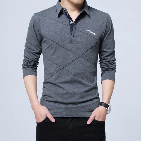 Корейская мода Повседневная хлопок Мужская однотонная лацкан с длинными рукавами PoloT-рубашка