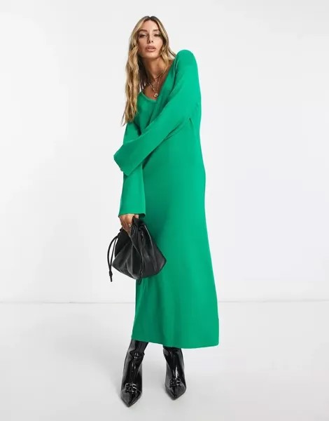 Изумрудно-зеленое трикотажное платье миди с длинными рукавами Pretty Lavish