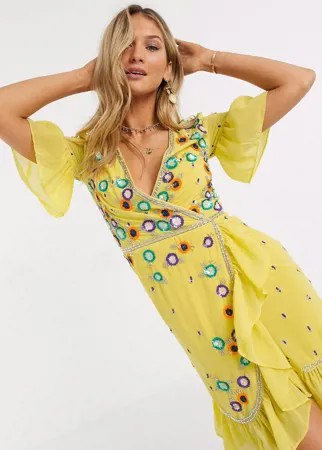 Желтое платье мини с оборками и вышивкой Frock & Frill-Желтый