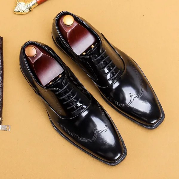 Туфли мужские классические из натуральной кожи, броги, свадебные офисные туфли, оксфорды, лакированная кожа, черные бордовые