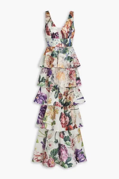 Многоярусное шифоновое платье с цветочным принтом и декором Marchesa Notte, слоновая кость