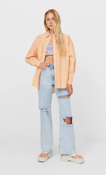 Stradivarius Рубашка Из Поплина В Полоску В Стиле Бойфренд Оранжевый Xs