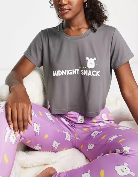 Серая и сиреневая пижама Loungeable с принтом Midnight Snack Mouse