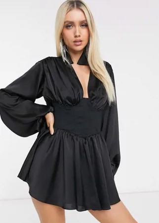 Атласное платье-рубашка мини со свободным воротом на спине и корсетной отделкой на талии ASOS DESIGN-Черный
