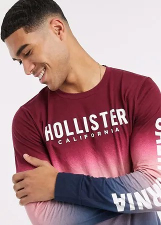 Бордовый лонгслив с эффектом омбре и логотипом Hollister-Красный