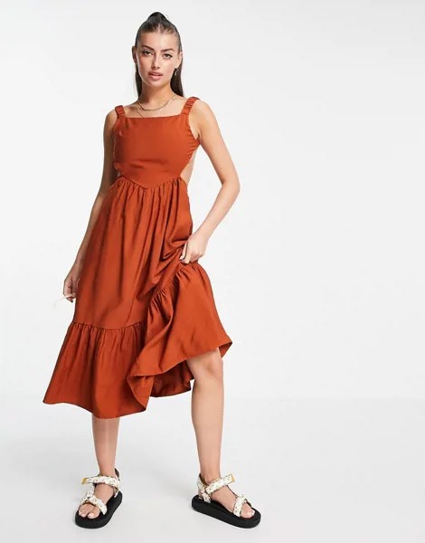 Платье миди с открытой спиной, присборенной юбкой и оборками Fashion Union-Коричневый цвет