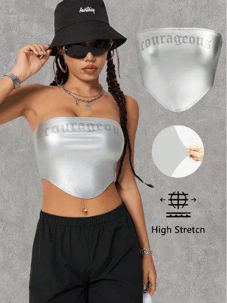 SHEIN Coolane женская рубашка без бретелек, буквы, узор, асимметричный низ, посеребрение, приталенный крой, серебристый