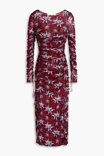 Сетчатое платье миди Corinne со сборками и цветочным принтом Diane Von Furstenberg, слива