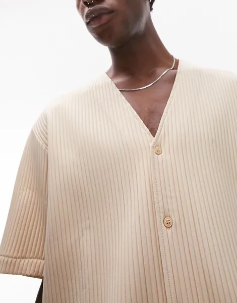 Свободная плиссированная рубашка без воротника с короткими рукавами Topman