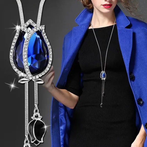 Длинные ожерелья и кулон для женщин Collier Femme Blue Tulip Statement Свитер Цепочка Ожерелье Мода Серебряные хрустальные украшения 2021