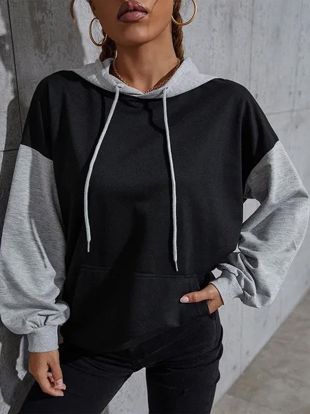 Milanoo Women Hoodie Black Long Sleeves Two Tone Pockets Polyester Stretch Irregular Hooded Sweatshi