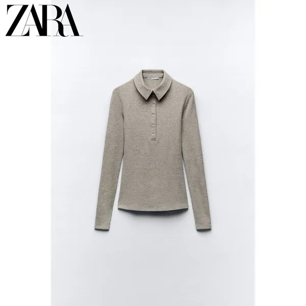 Zara новая весенняя женская футболка с воротником-поло металлик 8686151 303, цвет Золотой