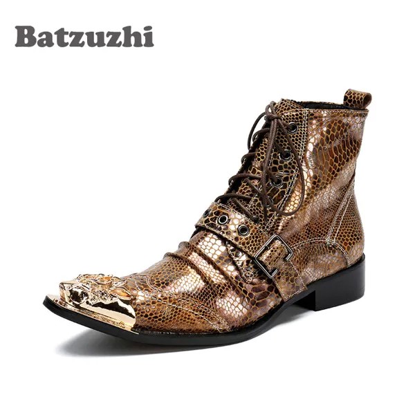 Batzuzhi в западном стиле панк Мужская обувь от золотистые кожаные полусапожки рок осенне-зимние мотоботы для мужчин; botas hombre,US6-12