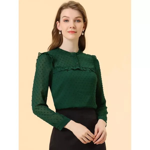 Женские шифоновые рубашки, элегантные блузки с длинными рукавами и рюшами в швейцарский горошек, топы ALLEGRA K, зеленый