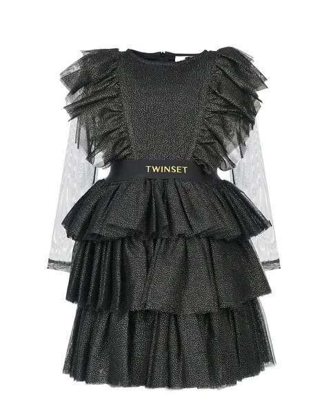 Черное платье с отделкой в горошек TWINSET детское