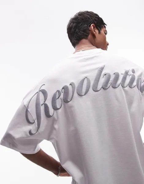 Topman — белая плотная футболка оверсайз с вышивкой «Revolution» спереди и сзади
