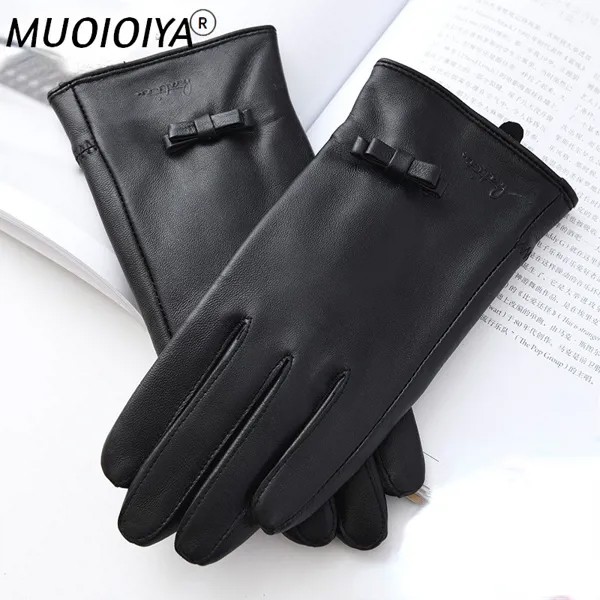 Новые модные женские кожаные перчатки MUOIOYIA, зимние черные теплые бархатные перчатки с бантом, корейские зимние перчатки SQQ384