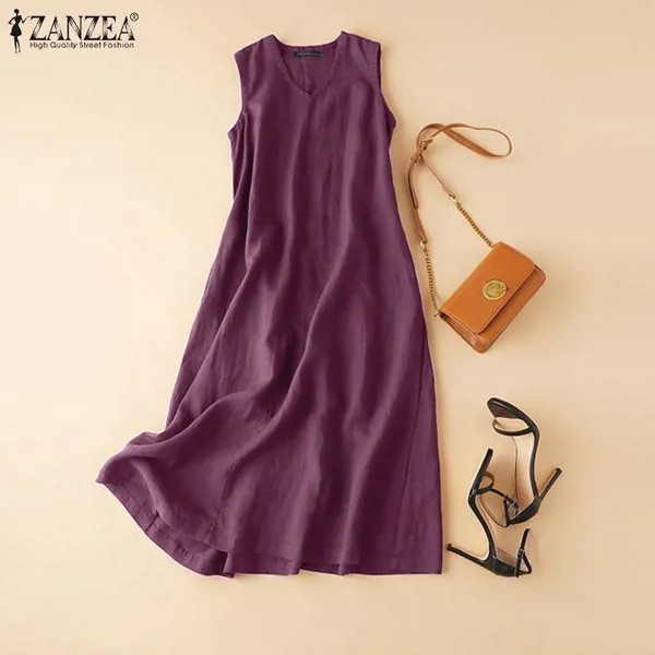 ZANZEA Хлопковое платье Женщины Лето V-образный вырез Без рукавов Танк Платье