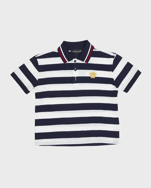 Рубашка-поло из хлопкового пике в полоску для мальчика Versace, цвет Blue Navy Multicolor