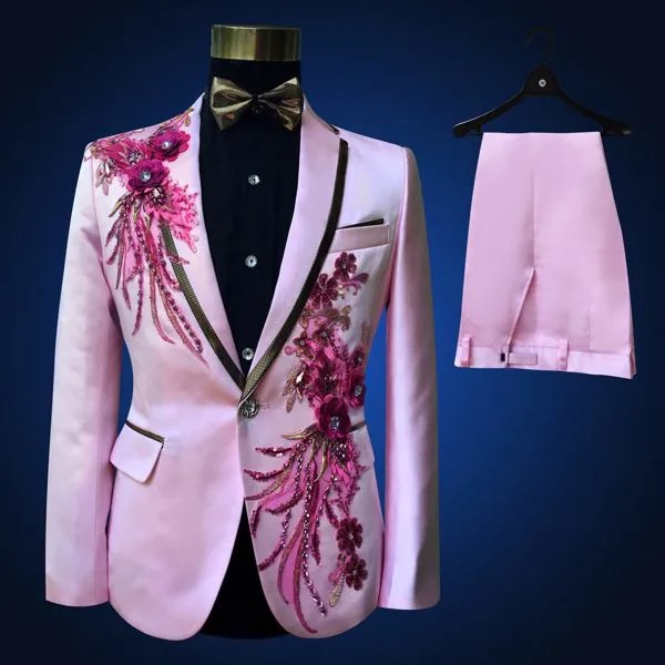 Мужской пиджак-смокинг + брюки с бусинами, свадебный смокинг размера плюс 4XL розового, королевского, синего, белого, черного, красного цвета