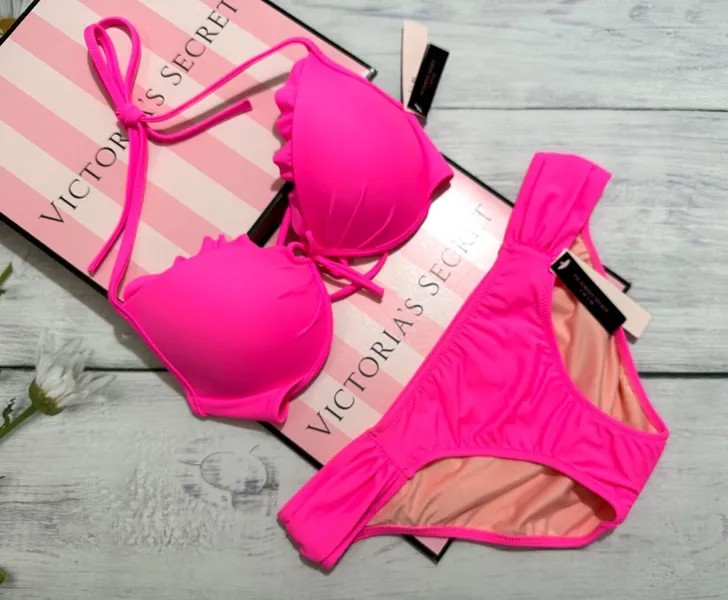Victorias Secret Malibu Fabulous Push Up Top Cheeky Купальник Ярко-Розовый 32C-XS