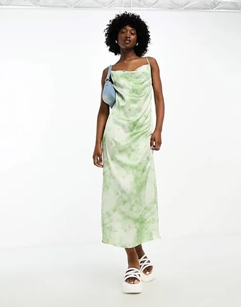 Зеленое атласное платье-комбинация миди Daisy Street с воротником-хомутом