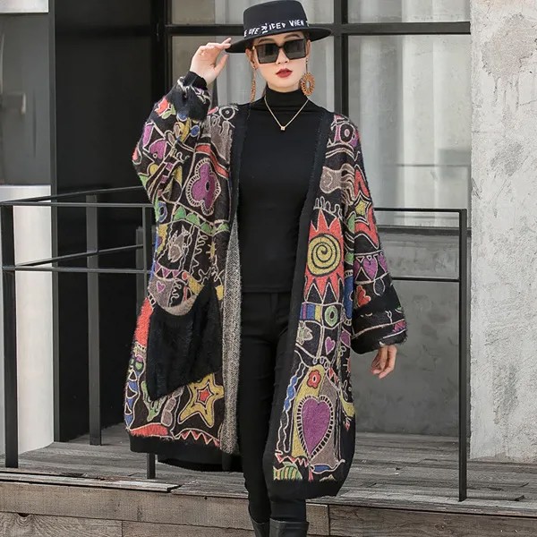 SuperAen Мода корейский стиль размера плюс утолщенная норковая вязаная шаль Женская 2021 осень и зима свободный длинный кардиган пальто