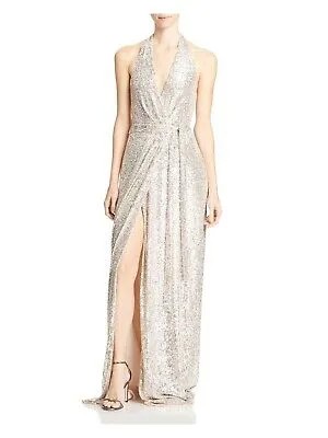 HALSTON Женское серебристое эластичное вечернее платье с запахом и блестками, размер XS