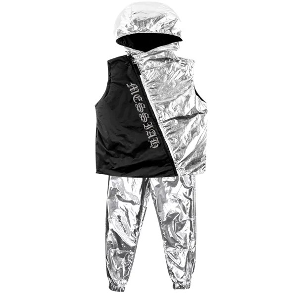 Серебряный GOGO танцевальный костюм для мальчиков/для мужчин с капюшоном жилет Прохладный хип-хоп штаны, для ночного клуба, мужской костюм диджея танцы шоу на сцене одежда VDB1702