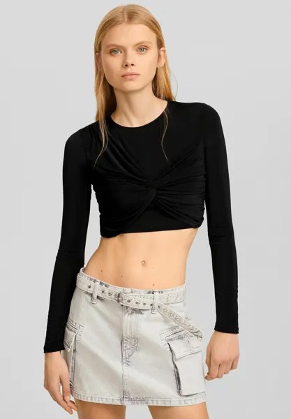 Футболка с длинным рукавом With Front Knot Bershka, черный