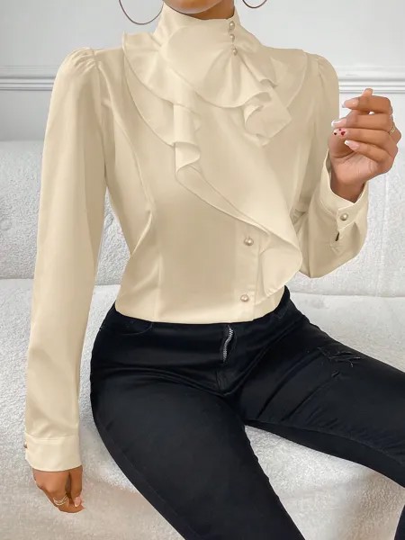 SHEIN Privé женская рубашка с длинным рукавом и рюшами/рюшами, прошитый узор на ткани, абрикосовый цвет