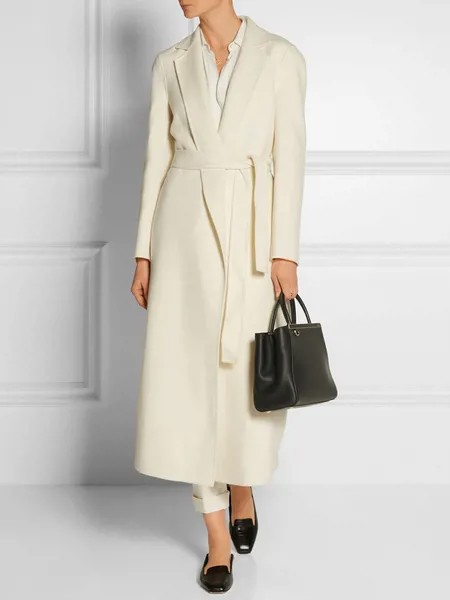 Milanoo White Wool Coat Women Wrap Coat Pockets Turndown Collar Long Sleeve Winter Coat