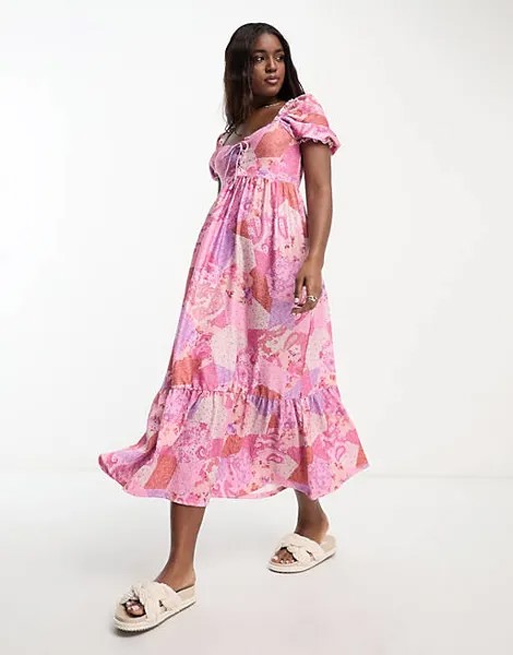 Розовое платье макси со шнуровкой в стиле пэчворк Miss Selfridge