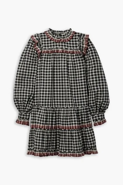 Платье мини из хлопкового поплина в клетку с оборками Elm Ulla Johnson, черный