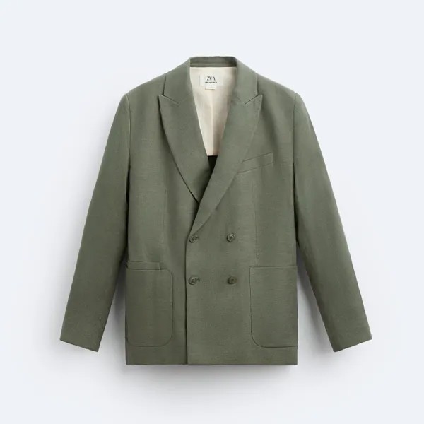 Пиджак Zara 100% Linen Double-breasted Suit, зеленый
