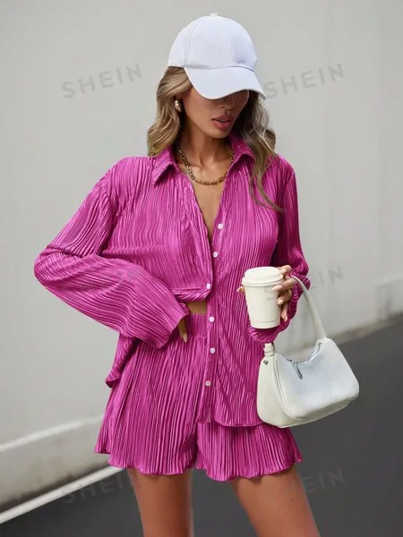 SHEIN Essnce - женский однотонный комплект из плиссированной рубашки и шорт, ярко-розовый
