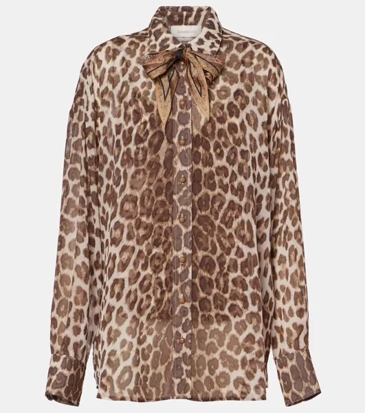 Иллюстрация рубашка с леопардовым принтом и завязкой на шее Zimmermann, цвет chocolate leopard