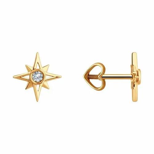 Серьги пусеты Diamant, красное золото, 585 проба, фианит, размер 9 мм, , золото