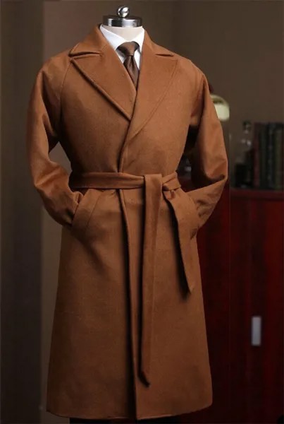 Зимний кашемировый мужской костюм, длинное пальто для курения с поясом, 1 шт., шерстяная куртка, ветровка, официальное деловое Королевское пальто на заказ