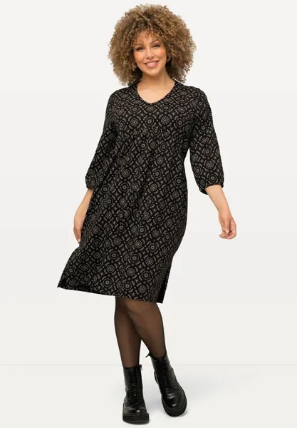 Платье из джерси MIDI EN À COL EN V MANCHES 3/4 ET MOTIF GRAPHIQUE Ulla Popken, цвет noir