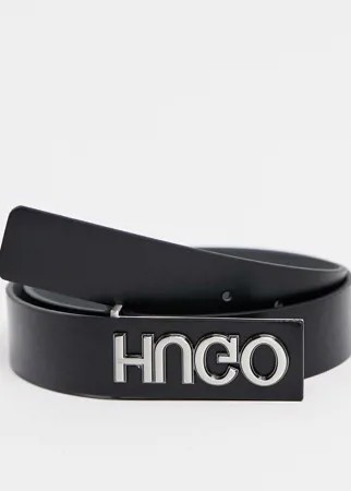 Черный кожаный ремень с логотипом HUGO Grenwich-Черный цвет