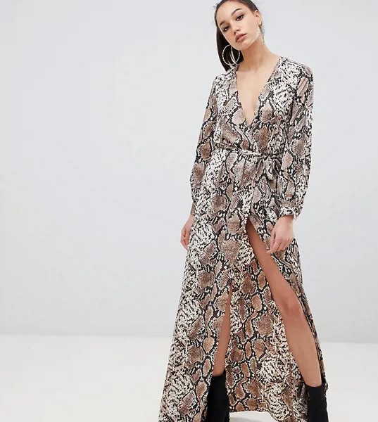 Платье макси со змеиным принтом и запахом эксклюзивно от Missguided Tall-Коричневый