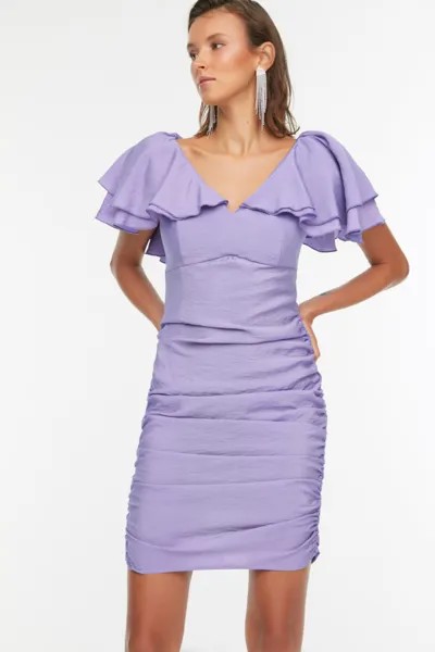 Сиреневое вечернее платье с рюшами Trendyol, фиолетовый