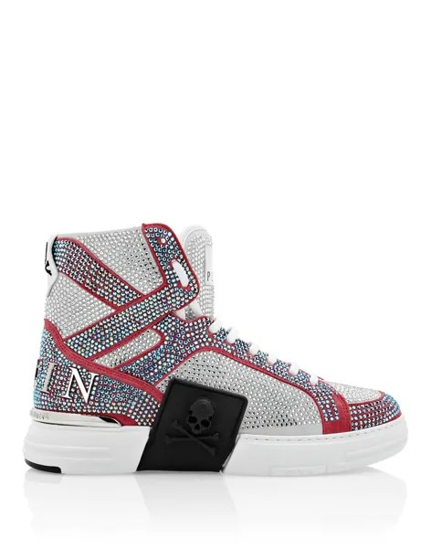 Замшевые высокие кеды Money KICK$ с кристаллами Philipp Plein, цвет White / Red
