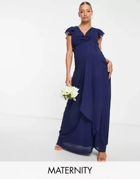 Темно-синее платье макси с оборками и развевающимися рукавами TFNC Bridesmaid
